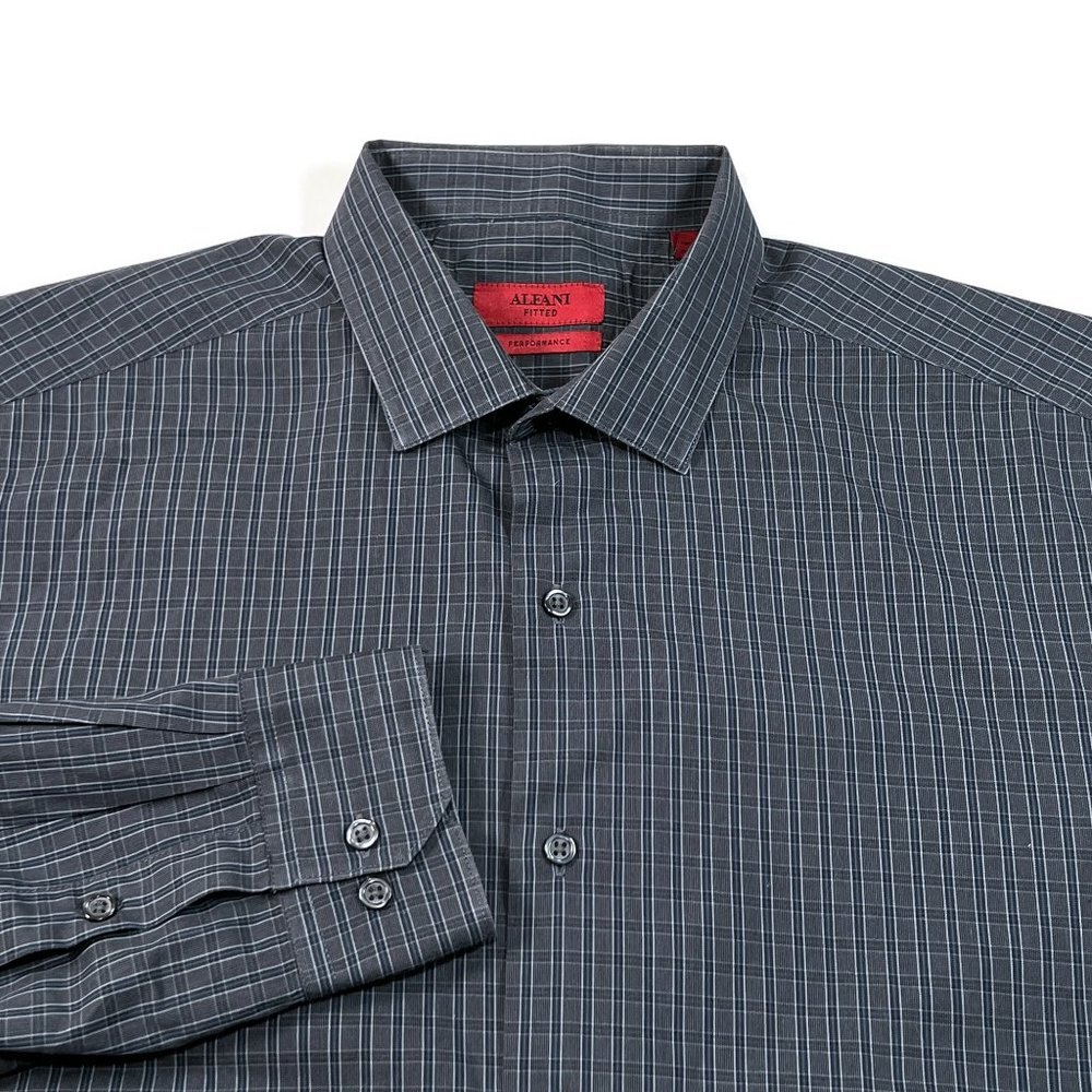 Alfani Button Up Shirt Fitted Performance Large 16 34/35 Gray‎ Plaid Long Sleeve